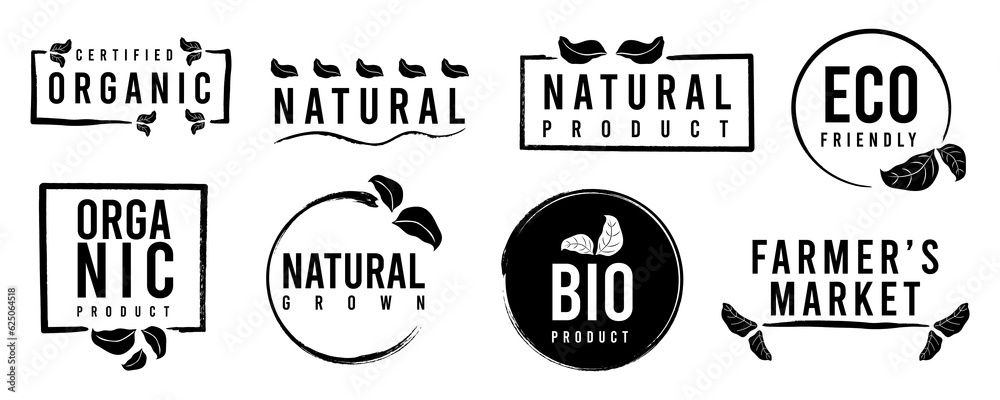 Obraz premium Organic food, natural product and healthy life sign, logo, stickers and badges.