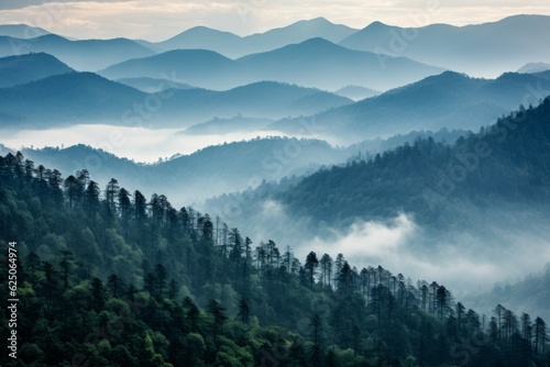 Smoky cloudy mountains trees. Generate Ai