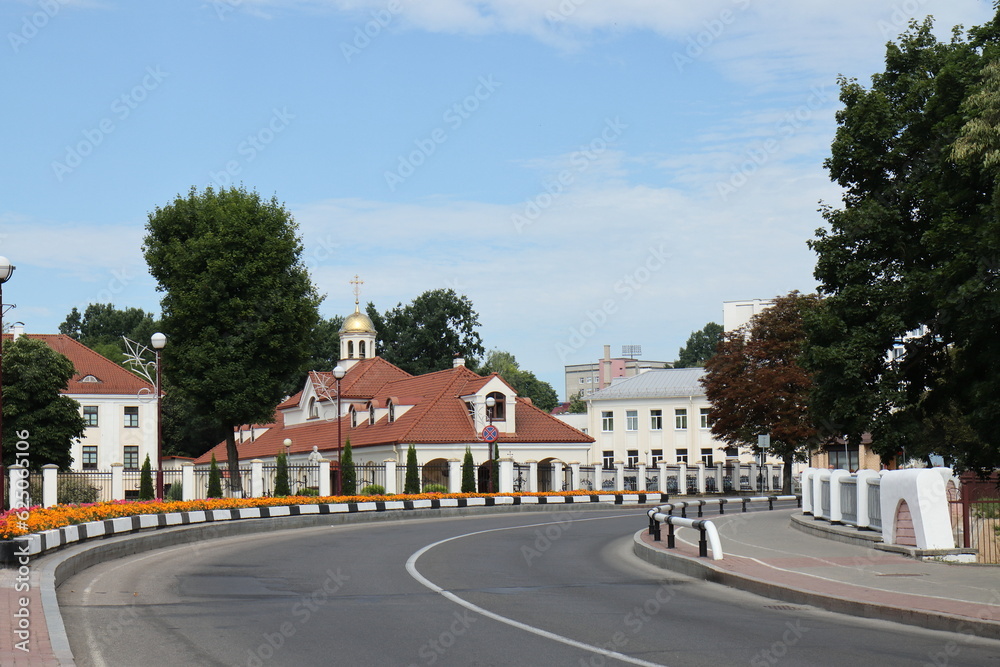 Street with beautiful houses in the city of Grodno. Belarus.July 13, 2023