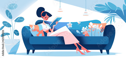 Beautiful woman is reading book on the sofa. Created with Generative AI technology. 