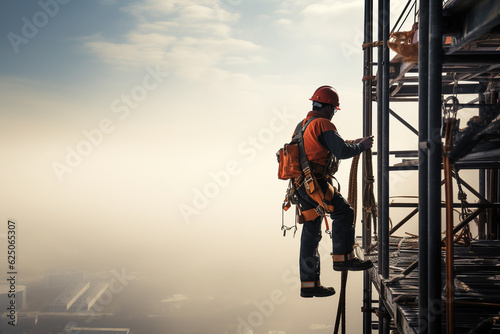 Wallpaper Mural construction engineer worker at heights,architecture sci-fi construction working platform on top of building, suspended cables, fall protection and scaffolding installation. Torontodigital.ca