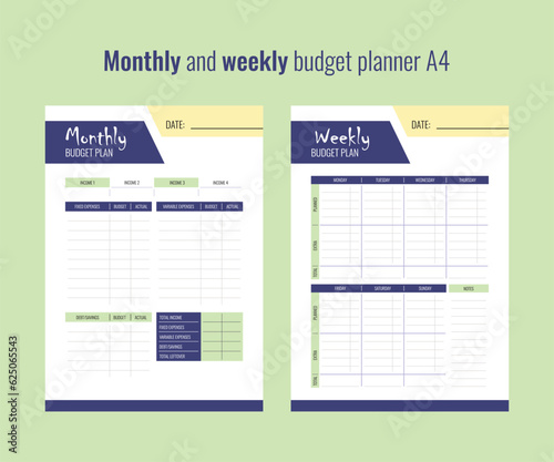 Printable monthly and weekly budget planner, vector illustration