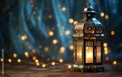 The Muslim feast of the holy month of Ramadan Kareem. Beautiful background with a shining lantern Fanus. Free space for your text © MUS_GRAPHIC