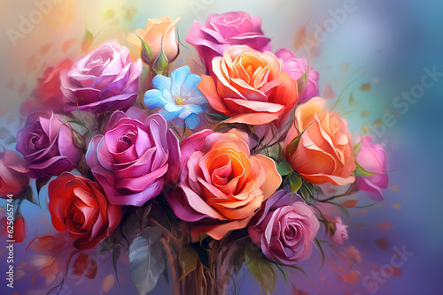 Fantasy  colorful  roses bouquet with water raindrops on  background