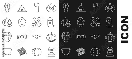 Set line Tombstone with RIP, Pumpkin, Ghost, Wooden axe, Vampire, and skull, Coffin christian cross and Crossed bones icon. Vector