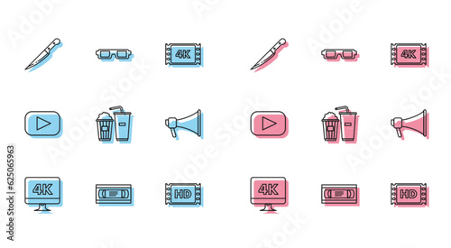Set line Computer PC monitor with 4k video technology, VHS cassette tape, Knife, movie, frame, Popcorn and soda drink glass, Megaphone, Play and 3D cinema glasses icon. Vector