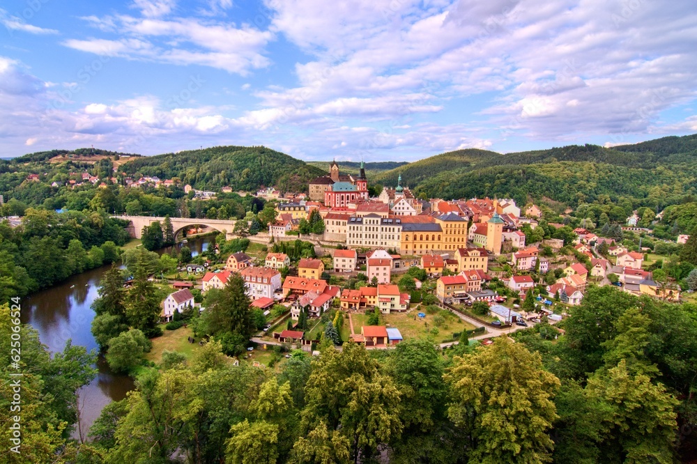 A view to the historical city with castle surrounded by river at Loket, Czech republic