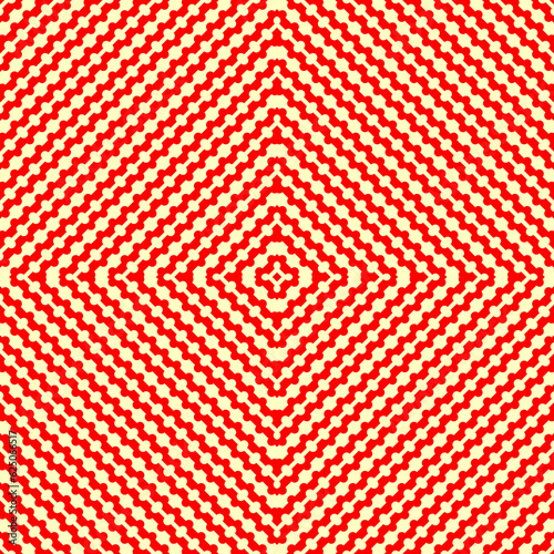 Seamless pattern with symmetric geometric ornament. Repeated red engrailed and invected lines on yellow background. Heraldry motif. Zigzag abstract wallpaper. Jagged vector illustration