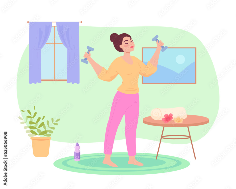 Happy girl exercising with dumbbells at home vector illustration. Cartoon drawing of woman using sports equipment, doing exercises in living room. Health, wellness, fitness concept