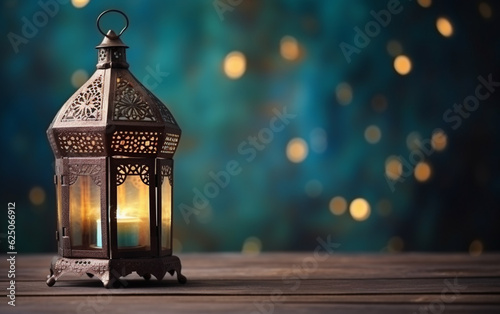 The Muslim feast of the holy month of Ramadan Kareem. Beautiful background with a shining lantern Fanus. Free space for your text