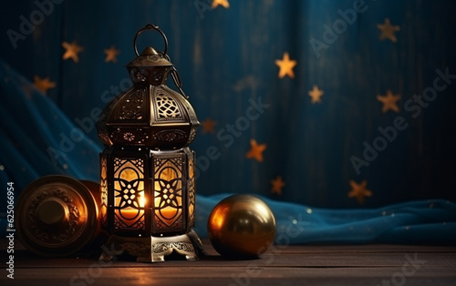 The Muslim feast of the holy month of Ramadan Kareem. Beautiful background with a shining lantern Fanus. Free space for your text