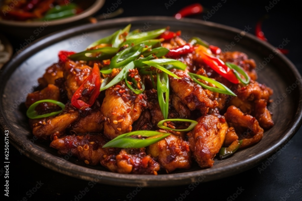 Sichuan Dry-Fried Chicken, showcasing the vibrant colors of red chili and green scallions on a simple white plate - obrazy, fototapety, plakaty 