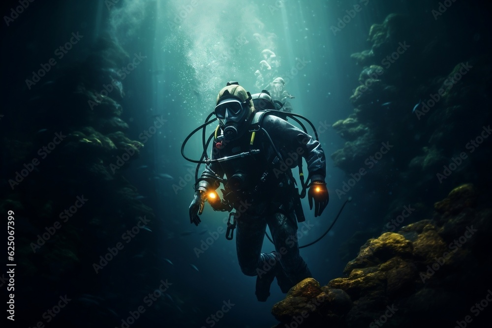 Deep Sea Scuba Diver Exploring Ocean Cavern Generative AI