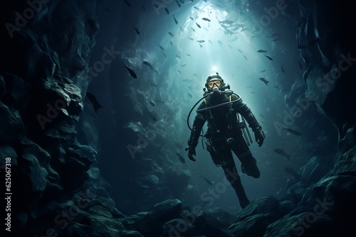 Canvas Print Deep Sea Scuba Diver Exploring Ocean Cavern Generative AI