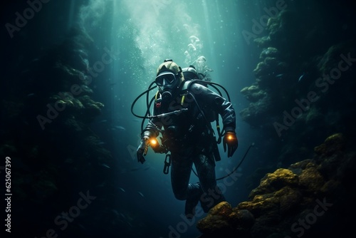 Deep Sea Scuba Diver Exploring Ocean Cavern Generative AI © AIstudio1