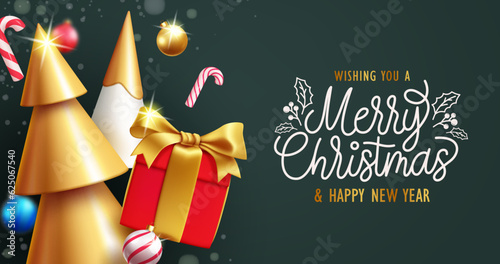 Merry christmas text vector design. Christmas greeting with gold pine tree and surprise gift box elements and ornament. Vector illustration new year invitation card. 
