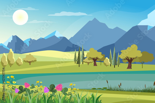 Beautiful summer landscape vector illustration. Flowers growing near river or lake, green forests and mountains in background. Summer, nature, wildlife, calming space concept