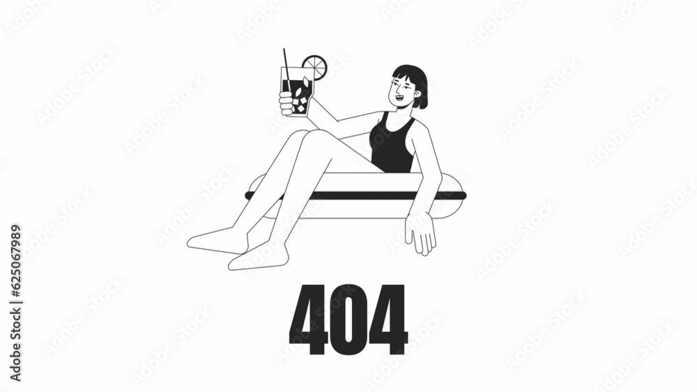 Girl on rubber ring with cocktail cheers black and white error 404 animation. Error message gif, motion graphic. Happy young woman summer pool animated character linear 4K video isolated on white Girl on rubber ring with cocktail cheers black and white error 404 animation. Error message gif, motion graphic. Happy young woman summer pool animated character linear 4K video isolated on white
