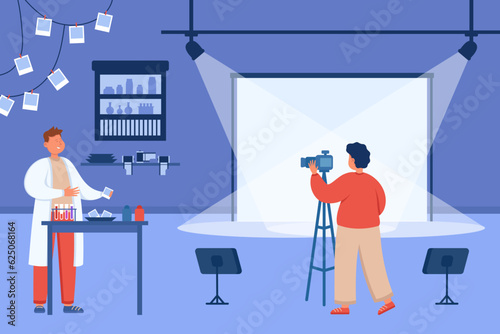 Photographers working in studio vector illustration. Man setting camera on tripod in front of backdrop with lights, colleague preparing developing chemicals. Photography equipment concept