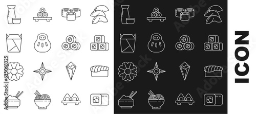 Set line Sushi, Maneki neko cat, Rstaurant opened take out box filled, Traditional Japanese tea ceremony and icon. Vector