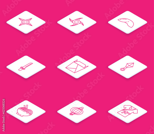 Set line Japanese ninja shuriken, Chinese fortune cookie, katana, Rstaurant opened take out box filled, Asian noodles bowl and chopsticks and paper lantern icon. Vector