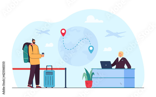 Passenger waiting for flight vector illustration. Happy tourist holding passport and suitcase, talking to airport staff at check-in counter. International travel, summer concept