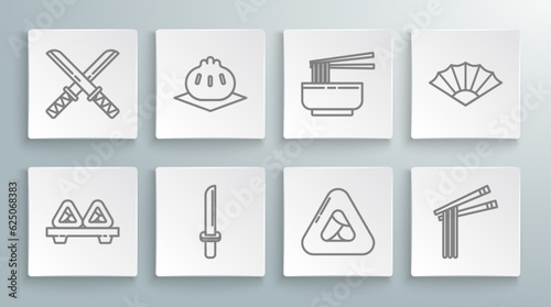 Set line Sushi on cutting board, Khinkali, Japanese katana, Asian noodles and chopsticks, bowl, Paper chinese or japanese folding fan and Traditional icon. Vector