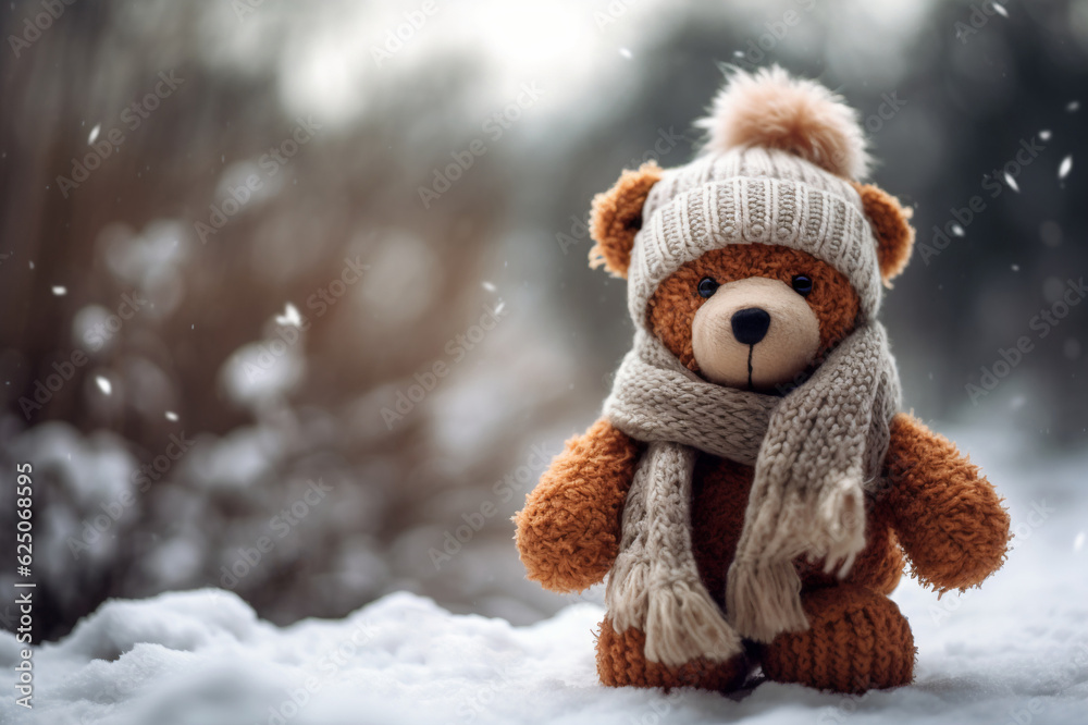 Winter Playtime: Teddy Bears in Knitted Accessories. Generative AI. Winter Playtime: Teddy Bears in Knitted Accessories. Generative AI.