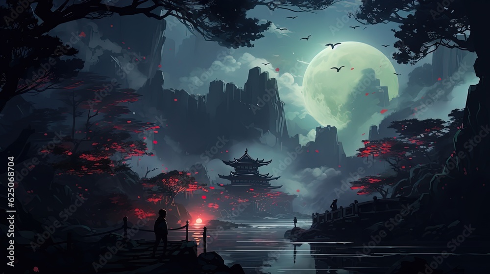 Fototapeta premium beautiful scenery in night time of Asian ancient palace in spring time with cherry blossom tree and mountain as background Generative Ai