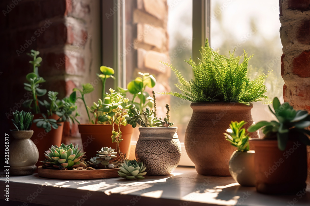 Botanical Harmony: Herbs and Succulents in Clay Pots on Sunny Windowsill. Generative AI