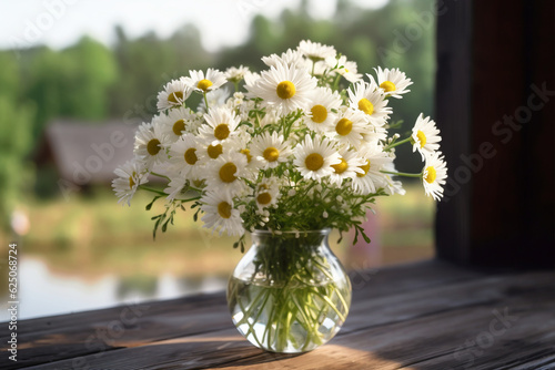 Sunny Serenity with wild daisies in vase. Generative AI