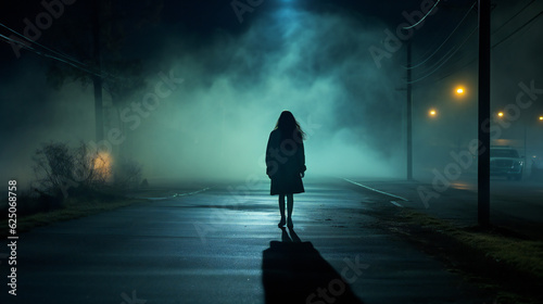 Person walking in the night  alone  foggy background