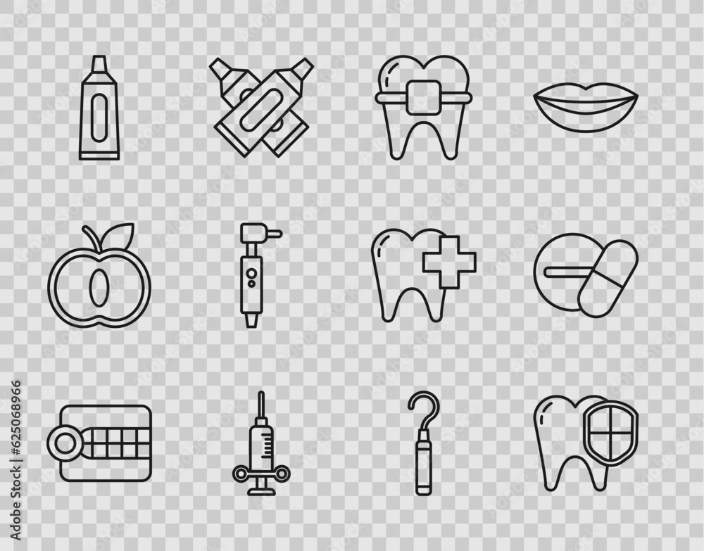 Set line Dentures model, Dental protection, Teeth with braces, medical syringe, Tube of toothpaste, Tooth drill, explorer scaler for teeth and Medicine pill tablet icon. Vector Set line Dentures model, Dental protection, Teeth with braces, medical syringe, Tube of toothpaste, Tooth drill, explorer scaler for teeth and Medicine pill tablet icon. Vector