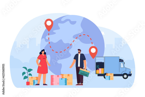 People packing boxes to move abroad vector illustration. Man and woman speaking different languages, loading furniture to truck. Map route with destination pins. Relocation, immigration concept