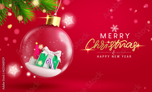 Merry christmas text vector design. Christmas crystal and glass ball hanging with gift and pine tree elements in red background. Vector illustration greeting card background.