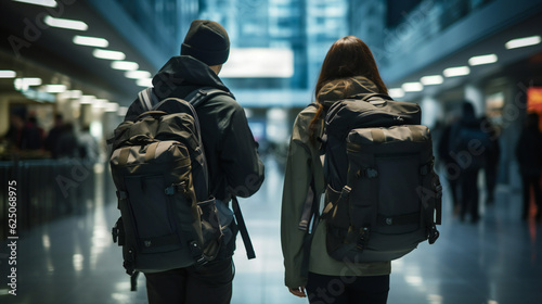 Woman and man with Backpacks looking, waiting, Airport, Departure, Going on Holiday, Hiking, Bus Station © PHdJ