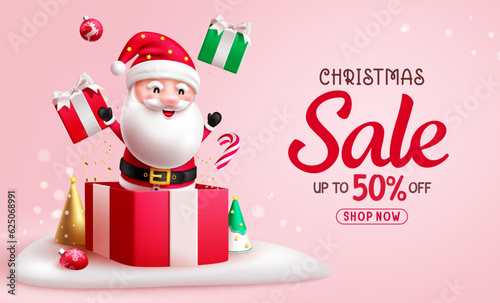 Christmas sale vector banner design. Santa claus character in open box for christmas surprise gift elements. Vector illustration promo offer advertising design.
