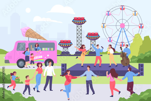 Band performing at summer festival vector illustration. People and children dancing in front of stage, buying ice cream in truck. Various attractions in city park. Summer, entertainment concept