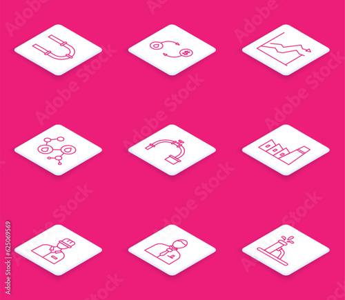 Set line Industry pipe, Oil exchange, price increase, Molecule oil, and valve, industrial factory building, Oilman and Businessman stock market trader icon. Vector