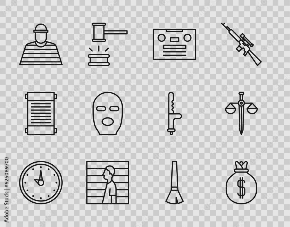 Φωτογραφία Set line Clock, Money bag, Retro audio cassette tape, Suspect criminal, Prisoner, Thief mask, Paint brush and Scales of justice icon