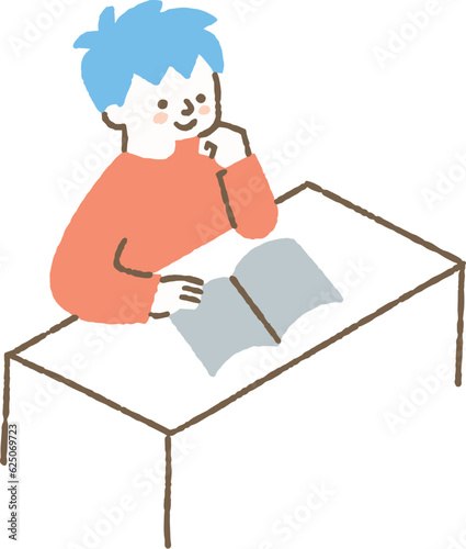 肘をついて読書をしている少年_色