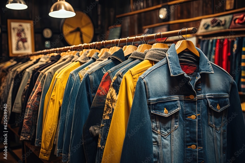 close up a lot of denim jackets hanging in rack, Generative Ai close up a lot of denim jackets hanging in rack, Generative Ai