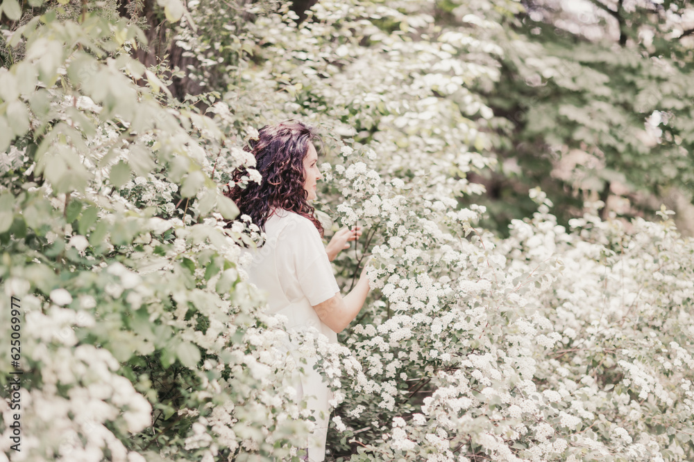 Woman spirea flowers. Portrait of a curly happy woman in a flowering bush with white spirea flowers.