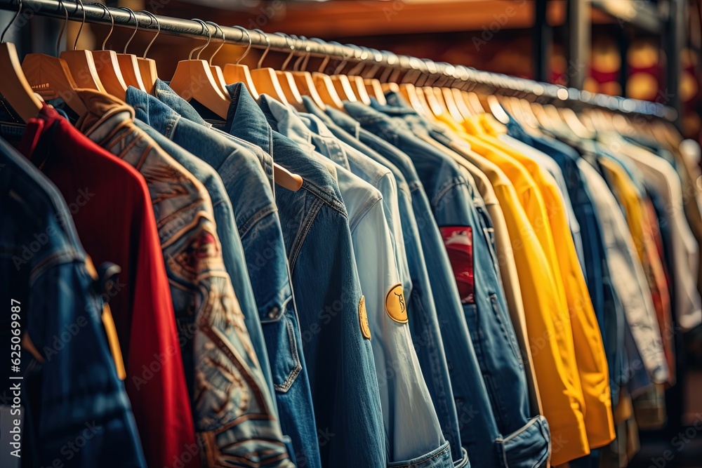 close up a lot of denim jackets hanging in rack, Generative Ai close up a lot of denim jackets hanging in rack, Generative Ai