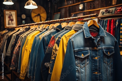 close up a lot of denim jackets hanging in rack, Generative Ai
