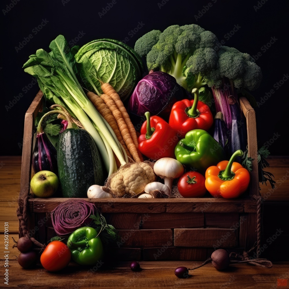 Fresh Vegetables in wooden box on wooden background. Generative AI. Fresh Vegetables in wooden box on wooden background. Generative AI.