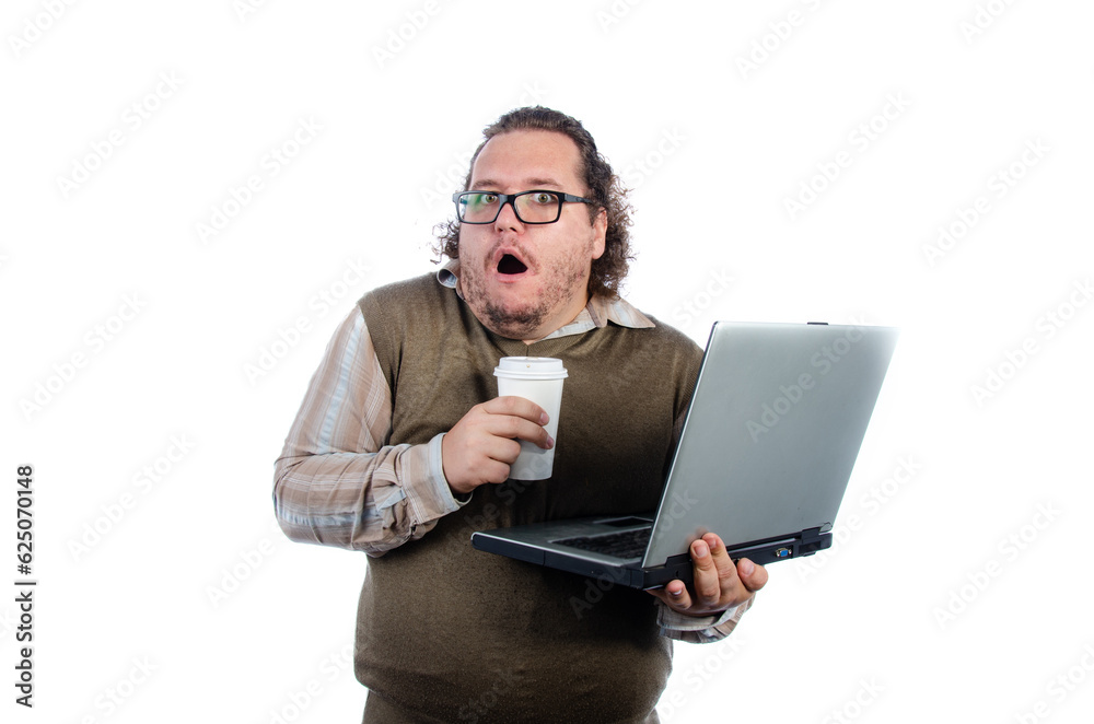 Funny fat man businessman with gadgets posing in the studio. Funny fat man businessman with gadgets posing in the studio.