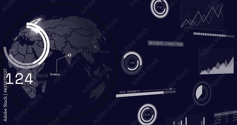 Animation of statistics and data processing over globe in background Animation of statistics and data processing over globe in background