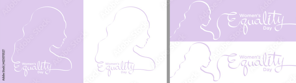Women's Equality Day Greeting Card and Banner Set on blue and white background. Calligraphy and women's silhouette in brush. Celebrated on August 26.  Vector Illustration. EPS 10