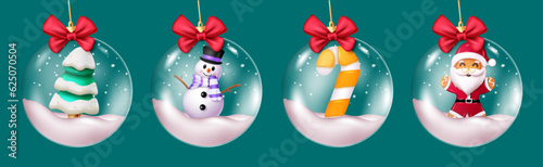 Christmas crystal ball vector set design. Christmas santa claus, snow man, candy cane and xmas tree in hanging glass ball elements. Vector illustration holiday season bauble collection.  